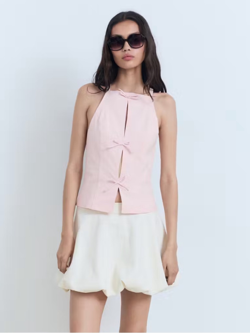 MANGO pink Halter Top with bows